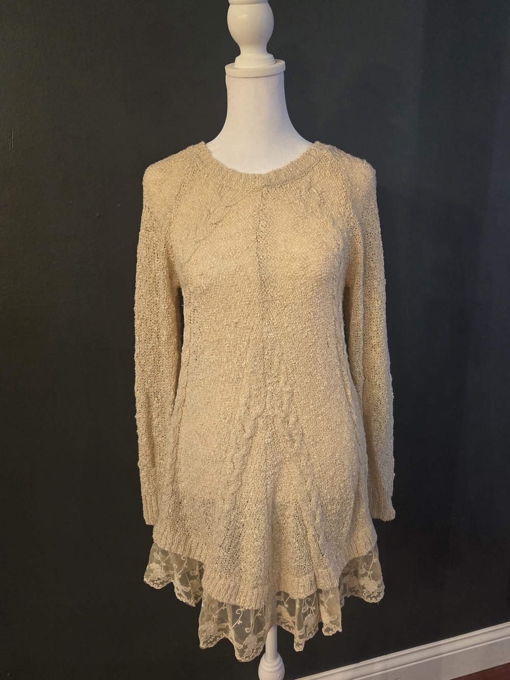 Altar'd State Cream Long-Sleeve Knit Dress with Lace Hem